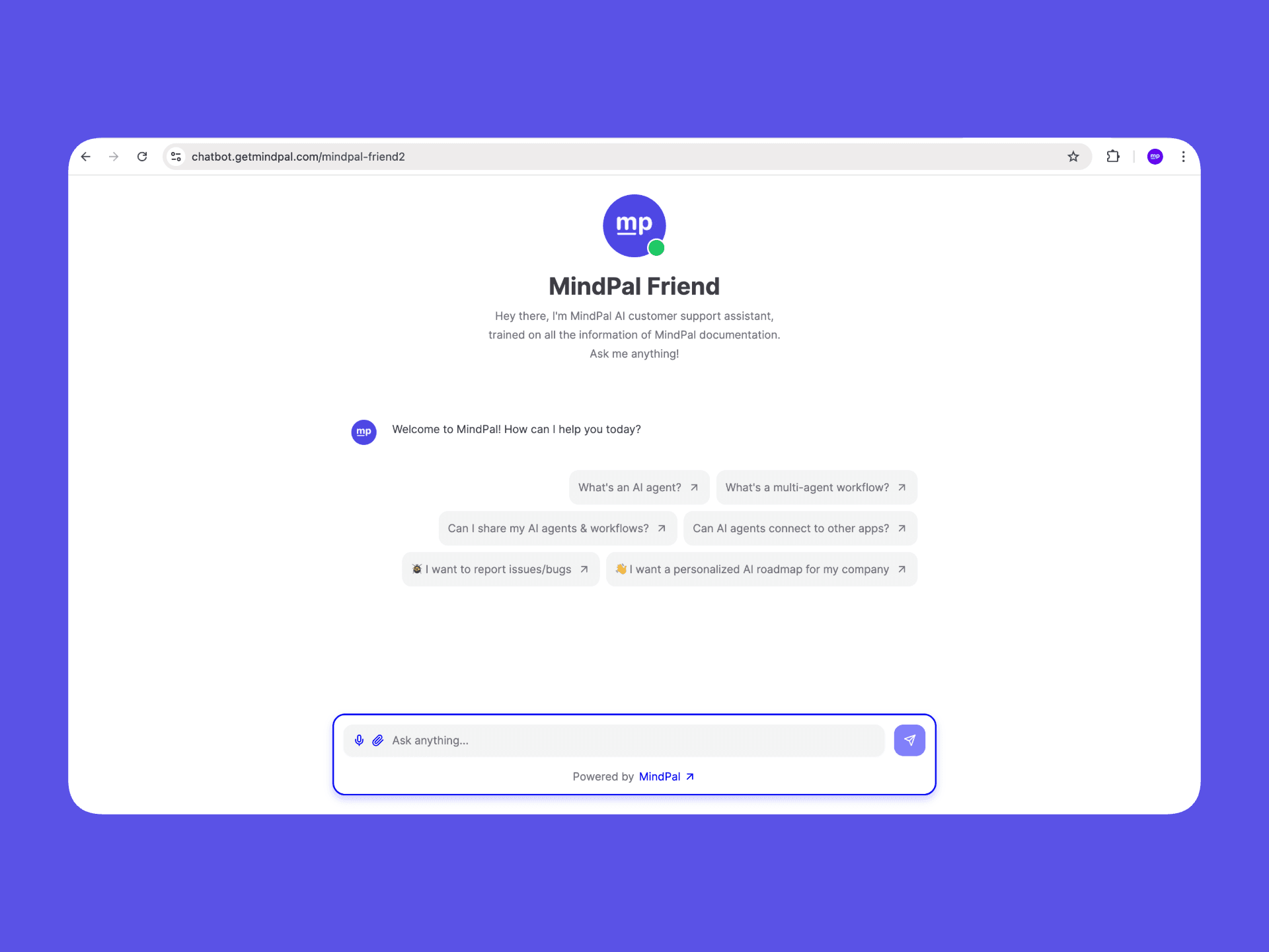 Chatbot direct link demo showing the chatbot opened via URL