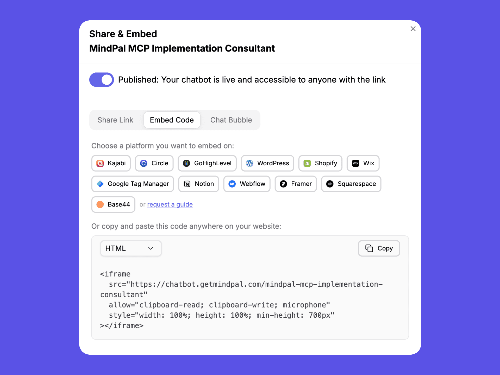 Chatbot embedding modal showing all embedding options
